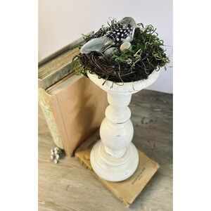 Handcrafted Bird Nest White Distressed Pedestal Decor: French Country Easter